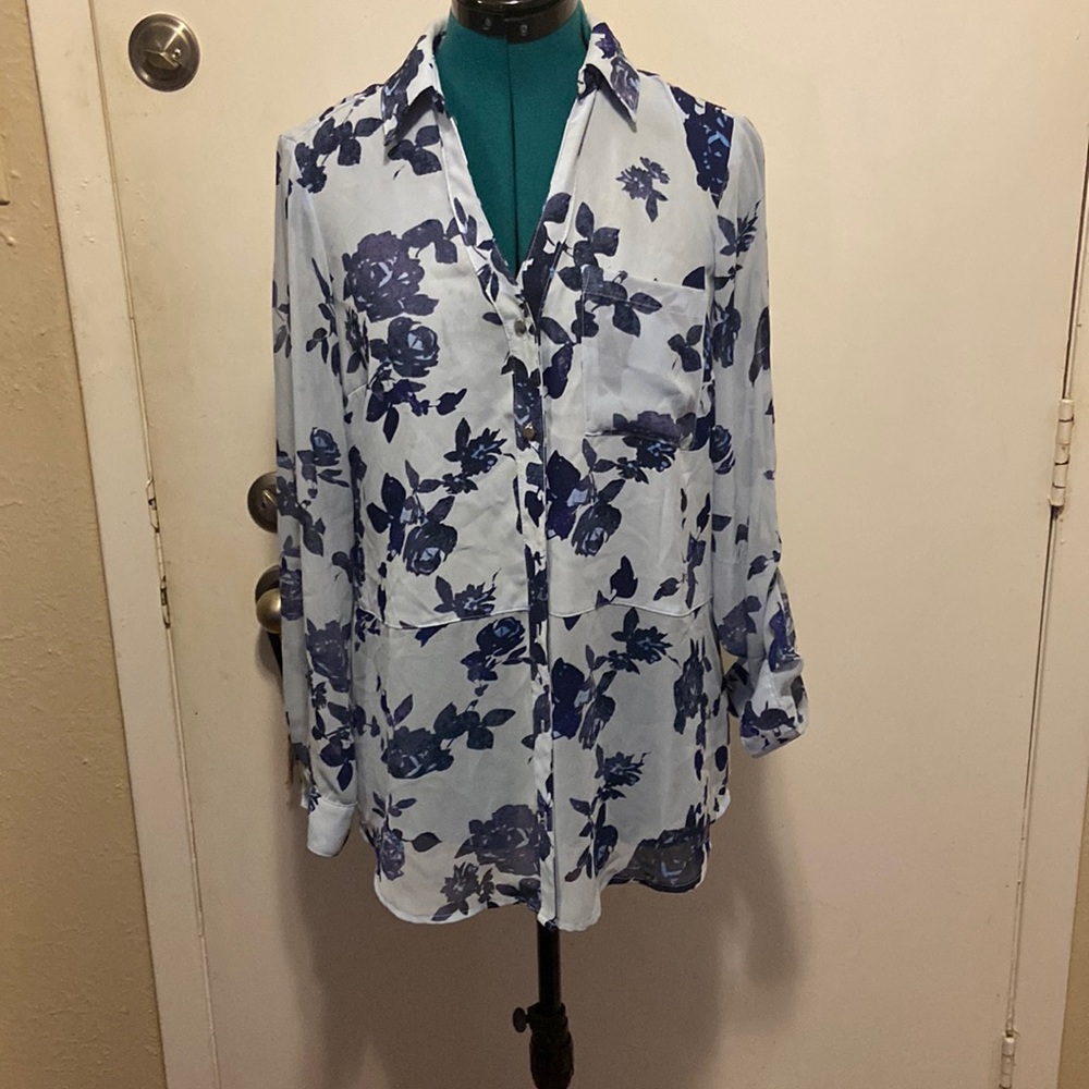 Vintage Candies Semi Sheer Blouse w/Rollup Sleeves Sheer drop waist long sleeve